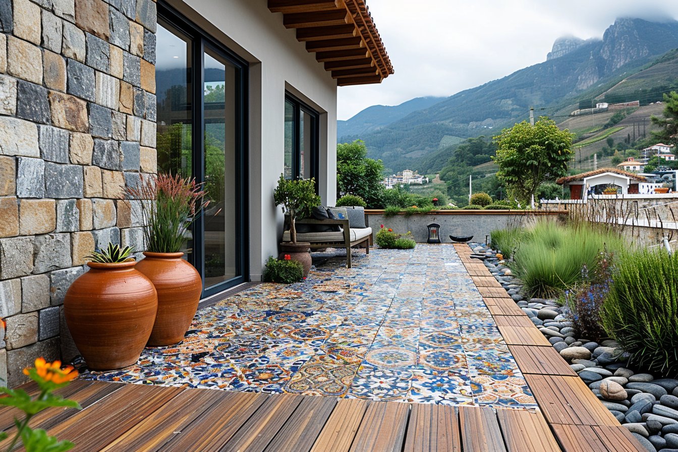 "Sublimez vos espaces extérieurs avec des terrasses ornées de motifs uniques et élégants. Chez Affyn à Batz-sur-Mer, nos carreleurs experts maîtrisent les techniques de pose complexes pour des résultats esthétiques et durables."